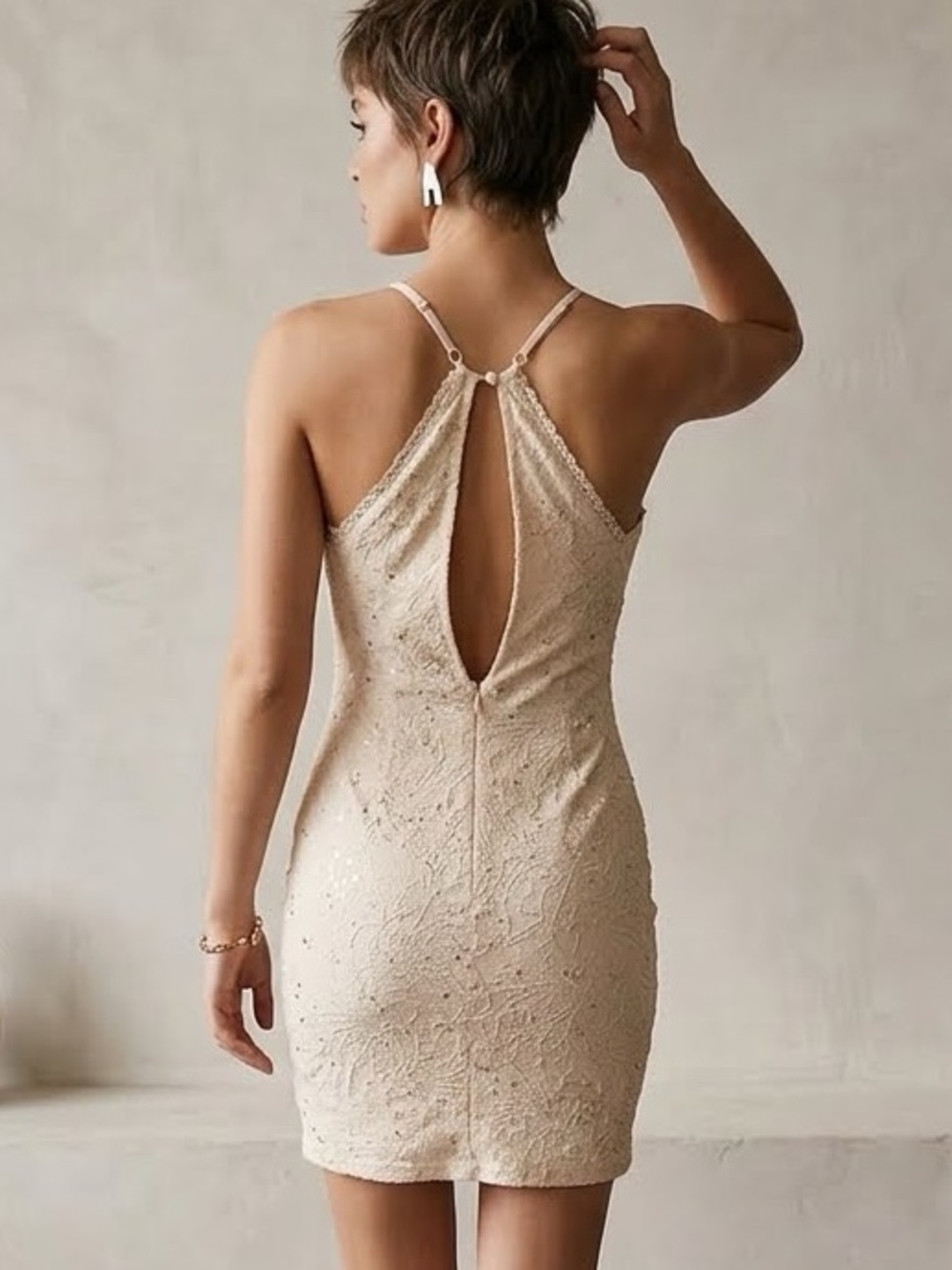 Soieblu Bodycon Cocktail Sequins Mini Dress Champagne Embellished Size Medium